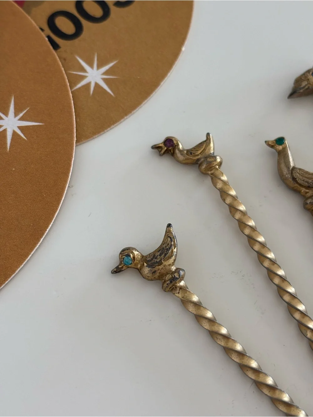 Vintage Mid-century Modern Gold Tone Metal Bird Cocktail Picks Set of 6